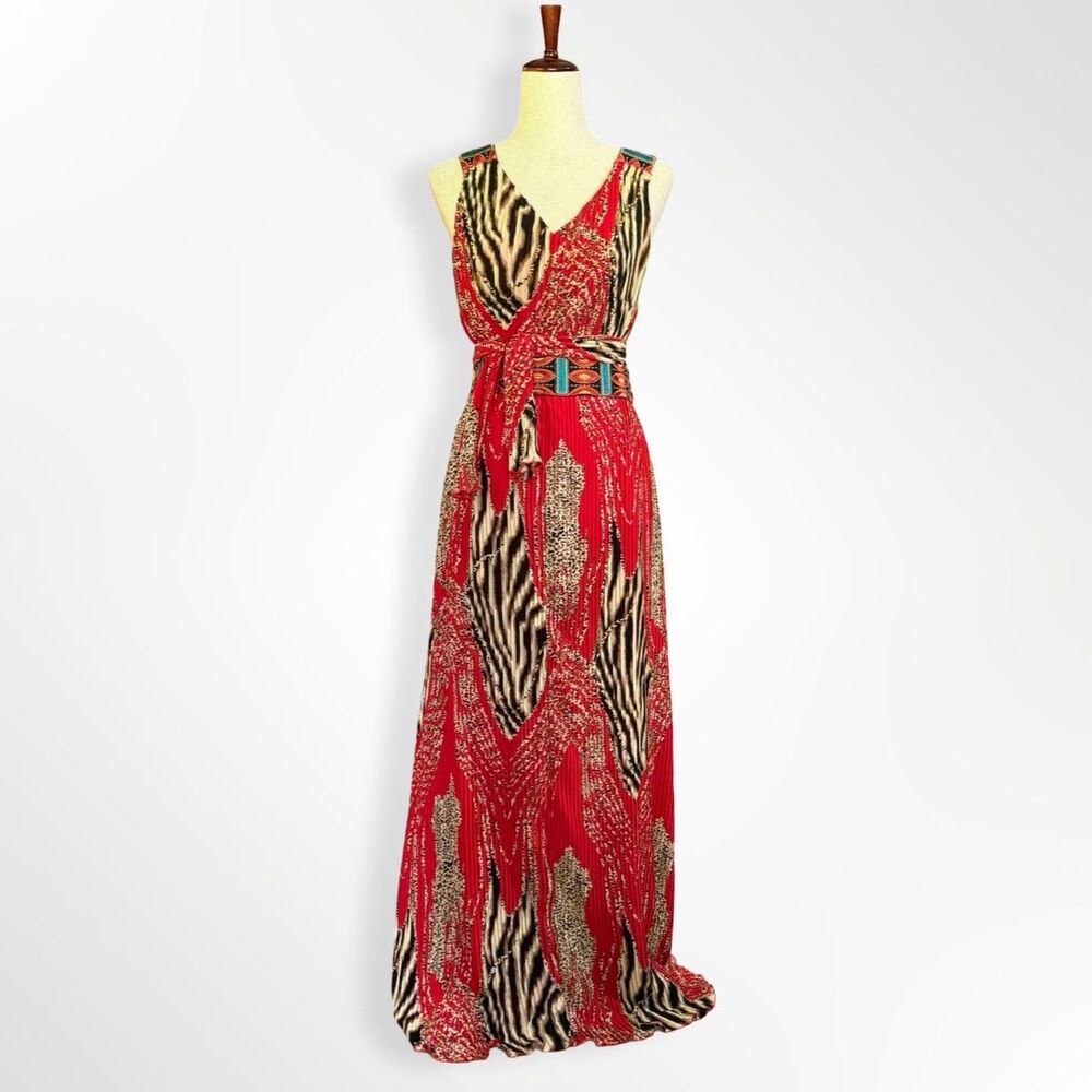 NWT Canna Pleated Red Leopard Print Floor Length Sleeveless Dress, L Mob Wife